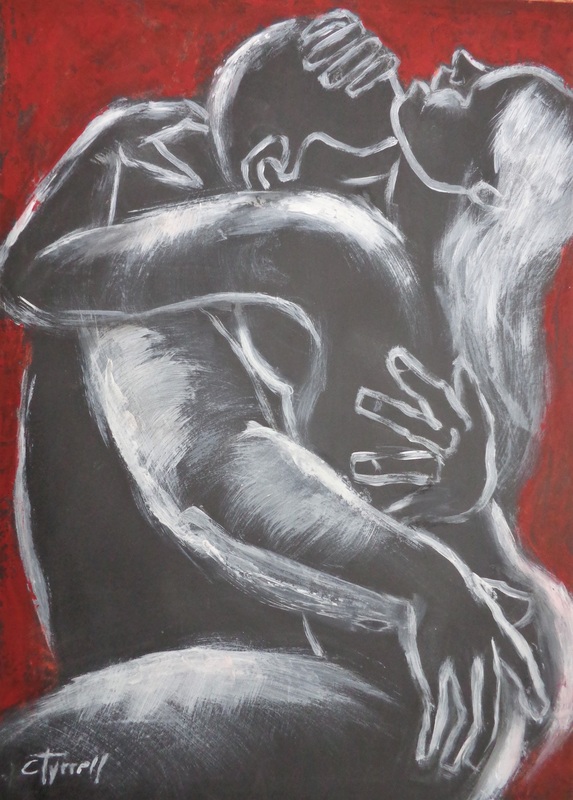 Lovers - Hot Night 5.jpg :: Original contemporary figurative painting, unframed. White and red acrylics on black paper. Part of a new series of erotic and sensual drawings and paintings of passionate lovers. Size 59 cm x 84 cm (23.5\