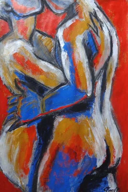Lovers - Hot Summer Desire.jpg :: Original contemporary figurative charcoal and  acrylics painting on grey textured paper, unframed. Fresh and colourful painting made using blue, orange and yellow acrylics applied by palette knife. Romantic image of an embraced couple in love.
Size 21\