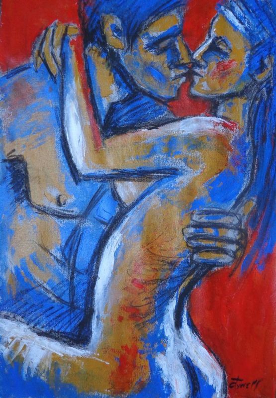Lovers - Hot Summer Love.jpg :: Original contemporary figurative charcoal and  acrylics painting on grey textured paper, unframed. Fresh and colourful painting made using blue, orange and yellow acrylics applied by palette knife. Romantic image of an embraced couple in love.
Size 21\
