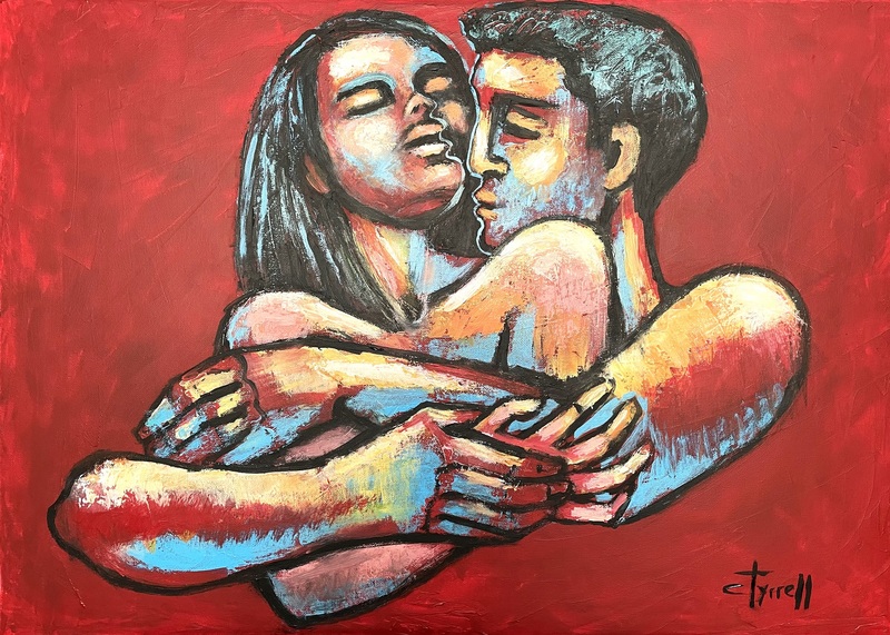 Lovers - I Adore You.jpg :: Original figurative painting on canvas, painted edges and ready to hang. The scene shows emotional exchange between a man and a woman. The man embraces with passion and adoration the woman who irresistibly feels the power of attraction. The predominant red colour palette potentially enhancing the feeling of love. Size 70cm x 50cm x 1.5 cm (27.5\