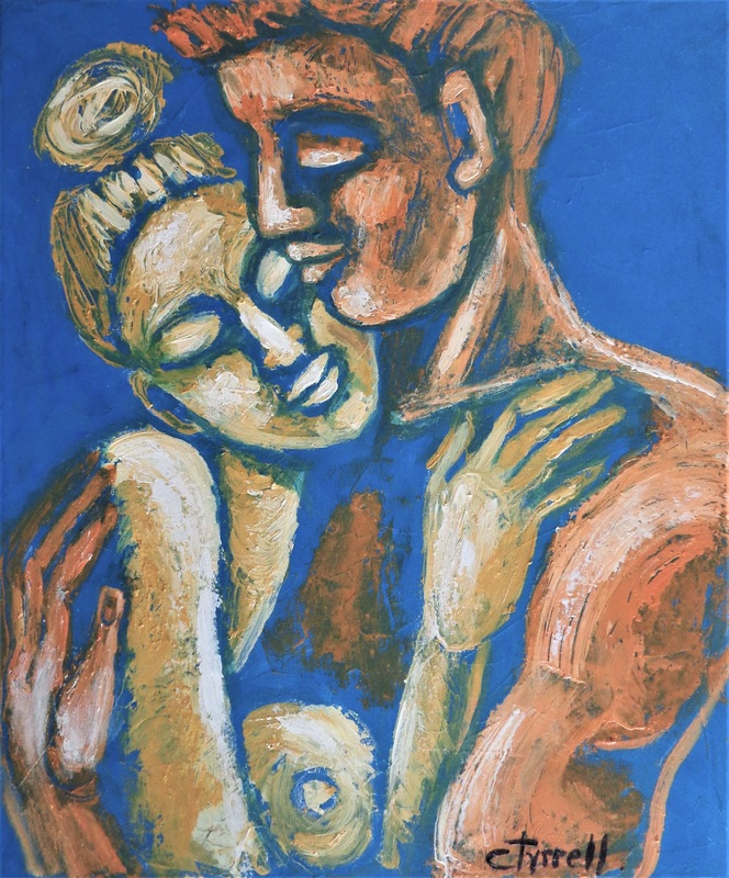 Lovers - I Am Yours 2.jpg :: Original expressionist figurative painting on canvas, painted edges and ready to hang. Part of a new series of romantic and emotional couples in love, man and woman, sharing their love. Colourful and textured painting made using bright acrylics as blue, yellow and orange. Size 50 cm x 60 cm x 1.5 cm (20\
