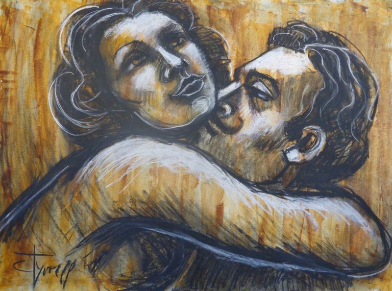 Lovers - I Love You To The Moon And Back.jpg :: Original contemporary figurative drawing on paper, unframed. Made using charcoal, white chalk and yellow acrylic.  Inspired by the romantic scenes in silent movies and black and white movies, I decided to create a series of different drawings on paper based on this idea. I like the way love scenes where shown at that time and this makes me smile. The series aims to be a little bit humorous. Size 30\