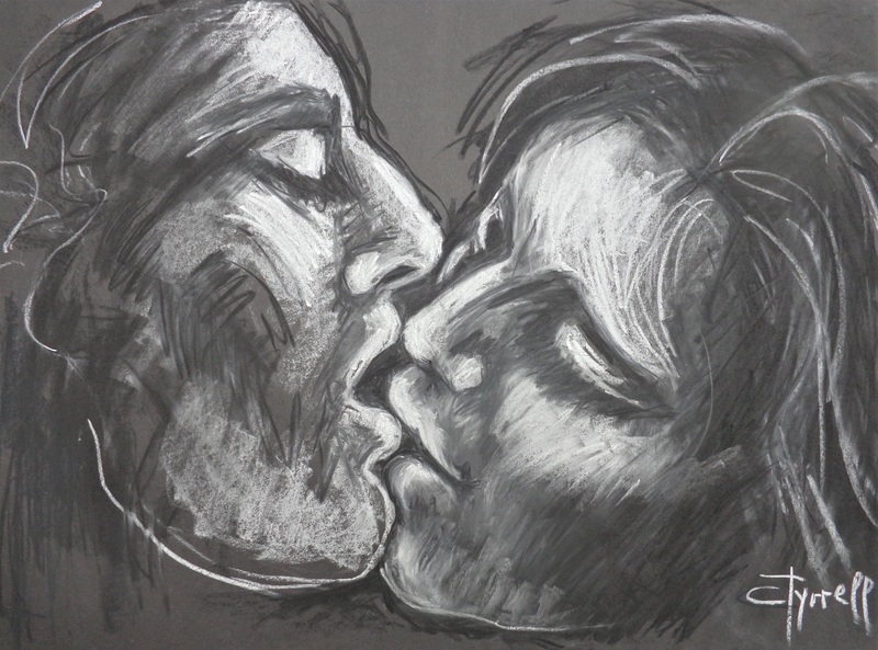 Lovers - I Need Your Love.jpg :: Original contemporary figurative monochrome drawing on black paper using charcoal and white pastel, unframed. Frame required. Energetic and spontaneous drawing with large marks. Sensual portrait image of a man and woman kissing. Part of the series of Lovers Portrait. Size 59 cm x 80 cm (23.5\