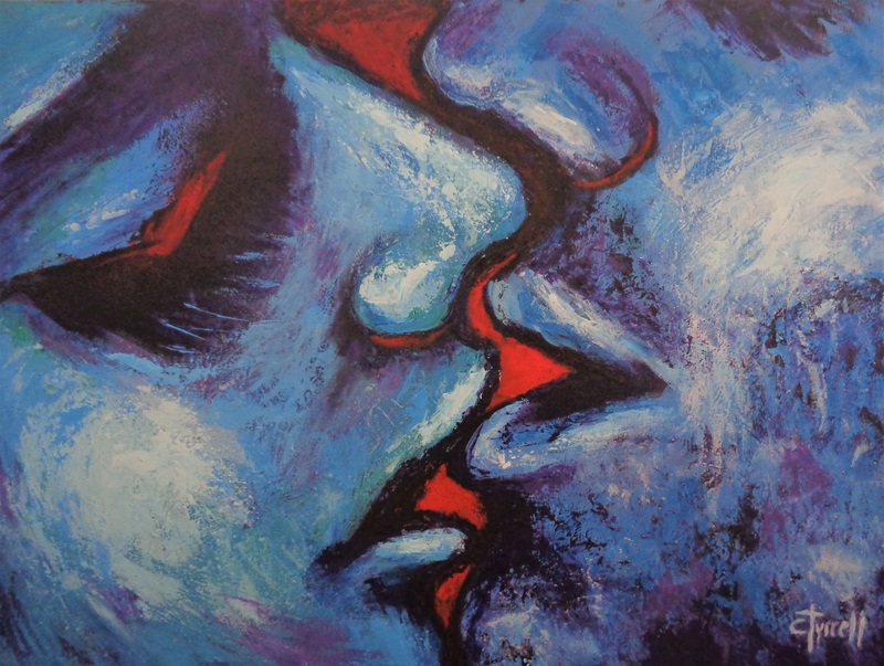 Lovers - Kiss In Blue And Red.jpg :: Original contemporary figurative acrylics and oils painting on stretched canvas, painted edges and ready to hang. Frame is optional. Part of the series of Lovers portraits, close-up romantic image of a man and woman kissing. Colourful and textured painting using blue and red applied in layers with the pallet knife creating expressivity. Matte varnish protected. Size 76 cm x 102 cm x 1.5 cm (30\