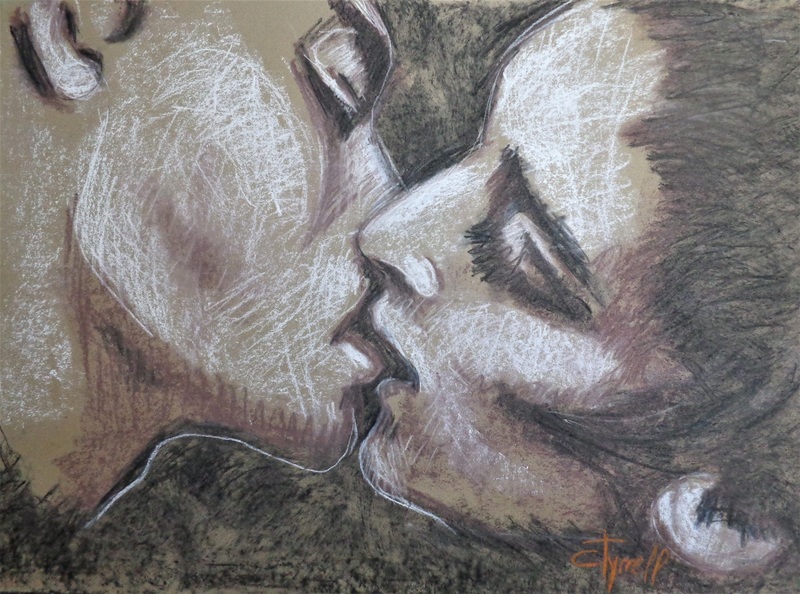 Lovers - Kiss and Coffee.jpg :: Original figurative drawing on paper, unframed. New series of drawings on coloured paper. The titles are suggested by the paper's colour. Erotic and sensual close-up portrait of man and woman lovers, passionately kissing. Burnt umber, black and white pastels on brown paper, texture and movement. Size 81 cm x 60 cm (32\