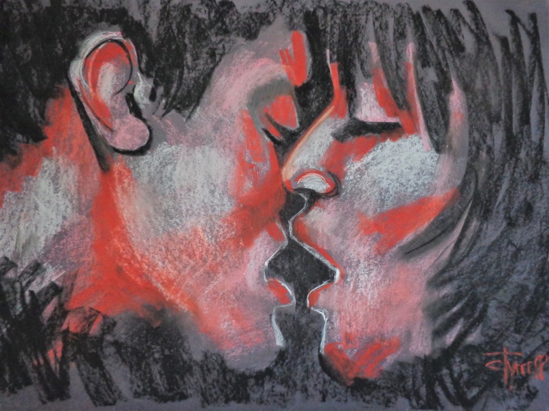 Lovers - Kiss and Fire.jpg :: Original figurative drawing on paper, unframed. New series of drawings on coloured paper. The titles are suggested by the paper's colour. Erotic and sensual close-up portrait of man and woman lovers, passionately kissing. Red, black and white pastels on black paper, texture and movement. Size 83 cm x 60 cm (32.5\