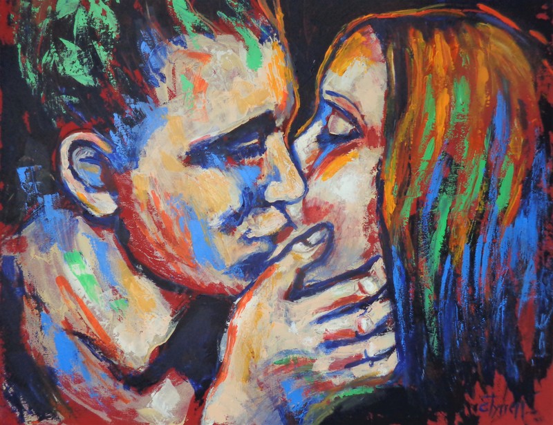Lovers - Kisses And Colours.jpg :: Original contemporary figurative acrylics and oils painting on canvas, painted edges and ready to hang. Frame is optional. Part of the series  of Lovers portraits kissing, this portrait painting is a celebration of youth, energy, love and colours. Size 102 cm x 81 cm x 1.5 cm ( 40\