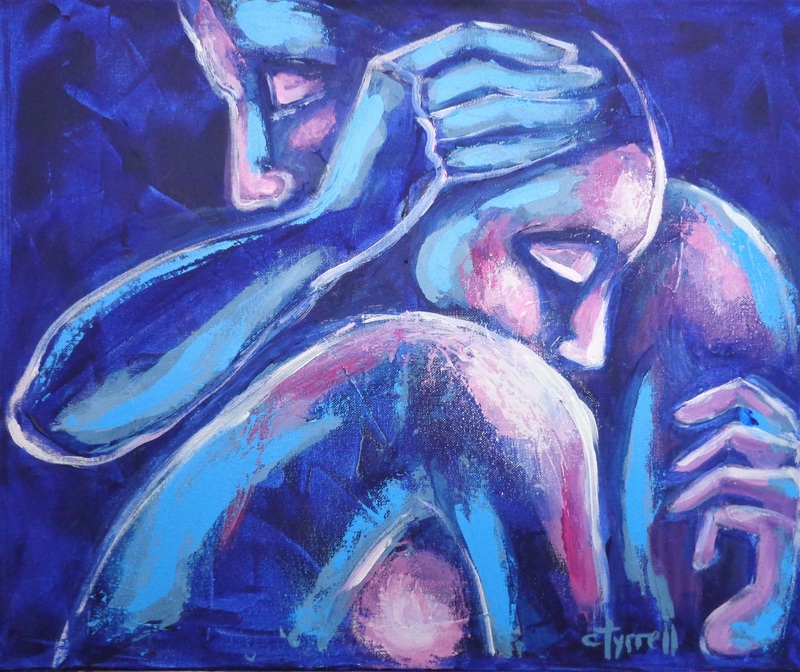 Lovers - Love And Comfort 1.jpg :: Original expressionist figurative acrylics painting on canvas, painted edges and ready to hang. Part of a new series of emotional and sensual paintings of embraced couples in love. Main colour BLUE brings calm and tranquility and the accents of pink-purple suggest the warmth of love. Size 50 cm x 60 cm x 1.5 cm (20\