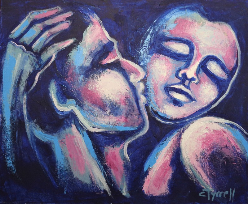 Lovers - Love And Comfort 3.jpg :: Original expressionist figurative acrylics painting on canvas, painted edges and ready to hang. The third work in the new series of emotional and sensual paintings of embraced couples in love. Main colour BLUE brings calm and tranquility and the accents of pink-purple suggest the warmth of love. Size 50 cm x 60 cm x 1.5 cm (20\