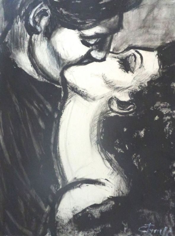 Lovers - Love You Madly.jpg :: Original contemporary figurative painting on paper, unframed. Made using charcoal and black watercolour. Inspired by the romantic scenes in black and white movies. I created a series of different drawings on paper based on this idea.  Size 29.5\