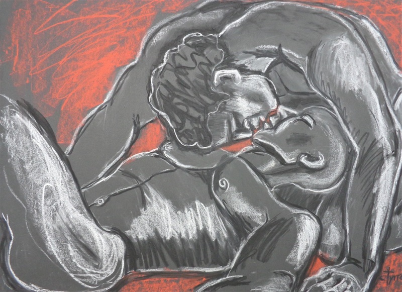 Lovers - Men Gentle Touch.jpg :: Original contemporary figurative drawing on black paper, unframed. Made using charcoal, 
red and white pastels. Quality spray used to secure the drawing. The concept of this drawing is to create a harmonious interaction between two handsome male bodies. The energy and gentleness are equally pleasant. I use red and black for the dramatic and passionate feeling. Size 60 cm x 80 cm (23.5\