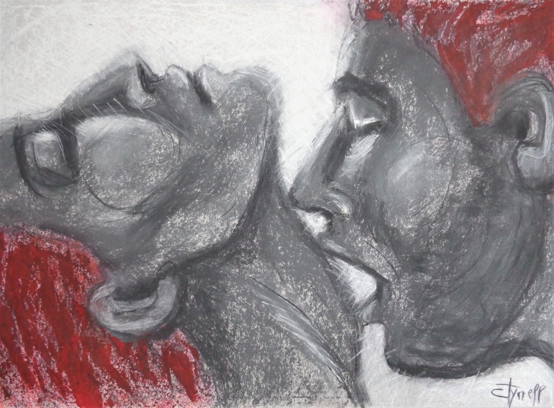 Lovers - Morning Light 1.jpg :: Original figurative drawing on paper, unframed. New series of drawings where I chose the bright light background against portrait profiles of couple. In this way the profiles' contour is highlighted showing the almost continuous line from one face to the other. Erotic and sensual close-up portrait of passionate lovers, man kissing woman's neck. Textured drawing using charcoal, grey pastels and red acrylic. Size 83 cm x 60 cm (32.5\
