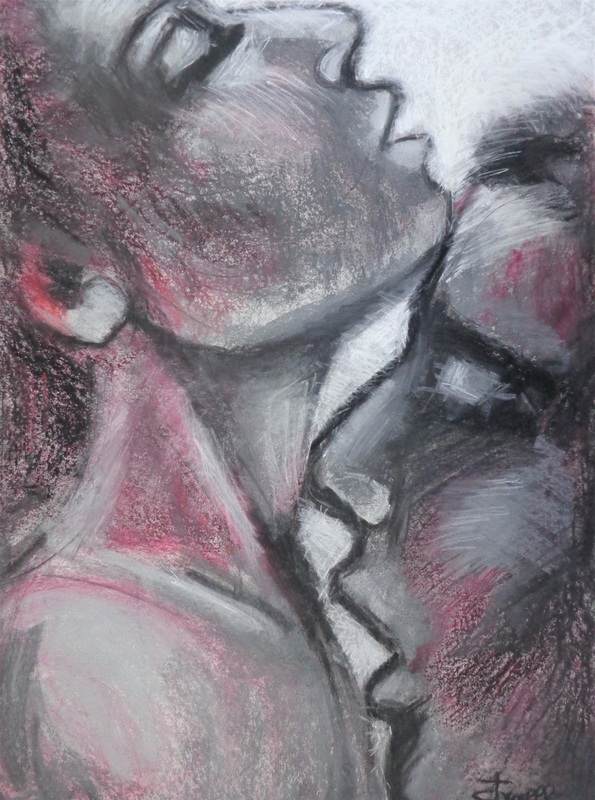 Lovers - Morning Light 2.jpg :: Original figurative drawing on paper, unframed. New series of drawings where I chose the bright light background against portrait profiles of couple. In this way the profiles' contour is highlighted showing the almost continuous line from one face to the other. Erotic and sensual close-up portrait of passionate lovers, man kissing woman's neck. Textured drawing using charcoal, grey and pink pastels.  Size 83 cm x 60 cm (32.5\