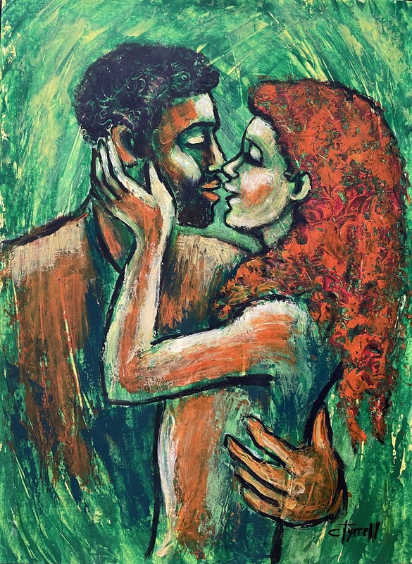 Lovers - Nature.jpg :: Original acrylics painting on  paper, unframed. Uplifting image of a happy couple, man and woman, enjoying the nature. Spontaneous style of work using green, orange and yellow. Size 60 cm x 80 cm (23.5\