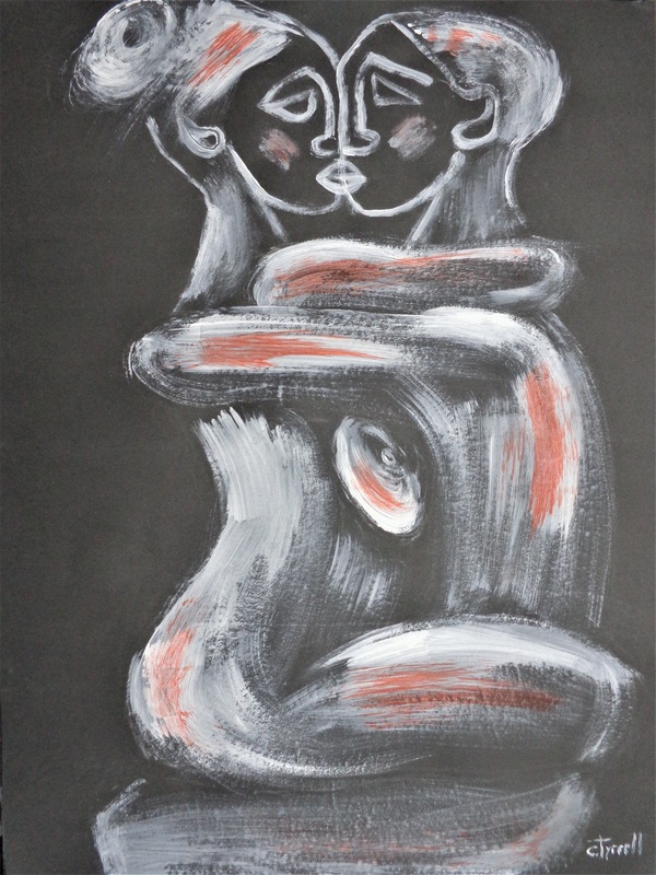 Lovers - One Big Love.jpg :: Original figurative white and orange acrylic painting on black paper, unframed. Abstracted image of a couple in love tightly kissing and embracing, symbol of eternal love. 
Spontaneous painting made using a large DIY brush. Size 60 cm x 80 cm (23.5\