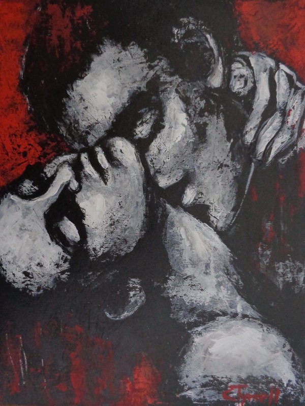 Lovers - Passionate  2.jpg :: Original figurative acrylics painting on canvas panel, unframed, part of a new series. Expressive and powerful image of a man and a woman passionately kissing. Textured painting made using black, white and red acrylics applied with a palette knife. Size 40 cm x 50 cm x 0.5 cm (16\