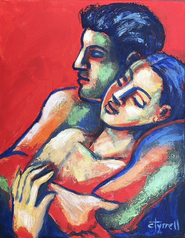 Lovers - Peaceful.jpg :: Original figurative acrylics painting on canvas, painted edges and ready to hang. Peaceful and romantic moment between a man and a woman. The woman is leaning back resting her head on her lover's chest and he comforts her in his arms.Textured painting with warm colours where predominat red enhances the feeling of love.Size 50cm x 40cm x 1.5 cm (20\
