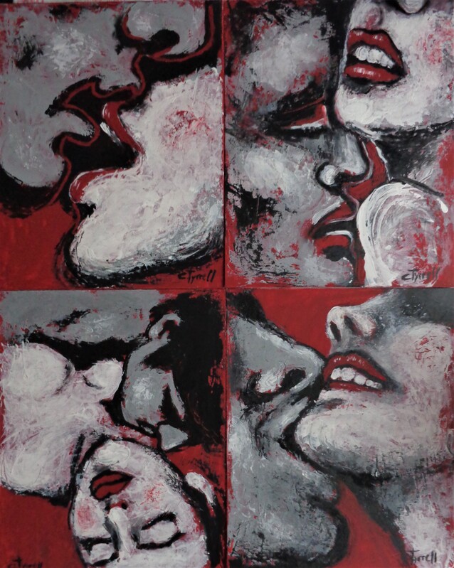 Lovers - Pleasure Series 1 - 4.jpg :: Original contemporary figurative acrylics paintings on canvas panels. Series of four individual paintings made with red, black, grey and white acrylics applied with palette knife to create texture. Each painting size 40cm x 50 cm (16\