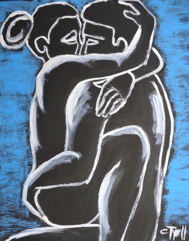 Lovers - Pure Love 2.jpg :: Original semi-abstract figurative painting on black cartridge, unframed. Spontaneous artwork made using blue and white acrylics. Emotional and sensual image of an embraced couple in love, part of a new series. Size 51 cm x 63 cm (20\
