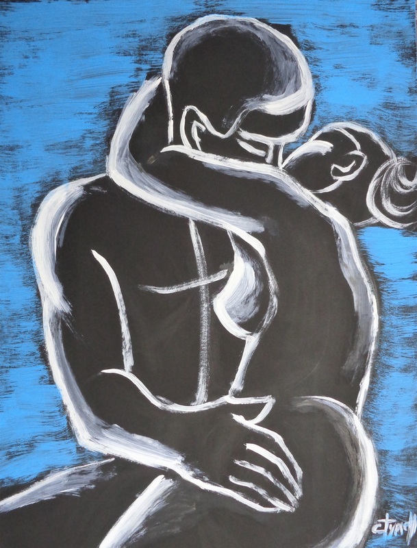 Lovers - Pure Love 3.jpg :: Original semi-abstract figurative painting on black cartridge, unframed. Spontaneous artwork made using blue and white acrylics. Emotional and sensual image of an embraced couple in love, part of a new series. Size 51 cm x 63 cm (20\