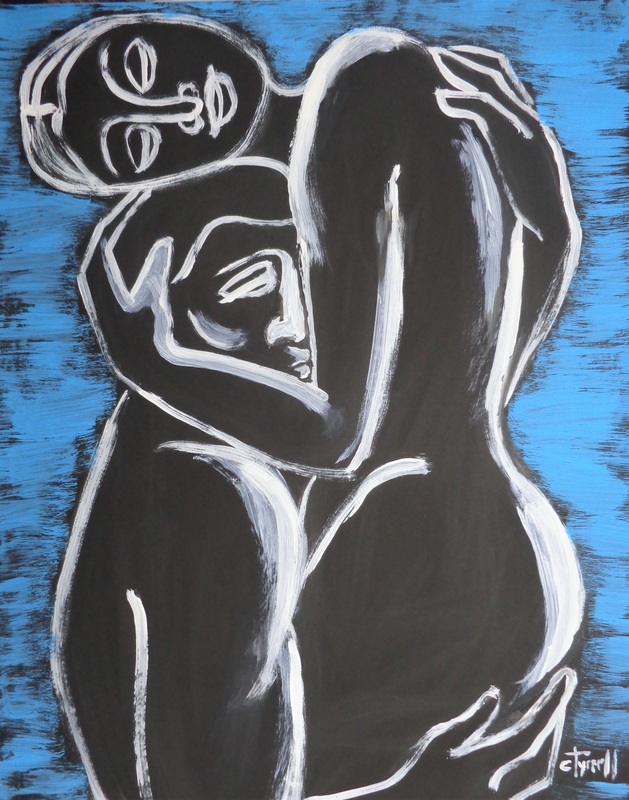 Lovers - Pure Love 4.jpg :: Original semi-abstract figurative painting on black cartridge, unframed. Spontaneous artwork made using blue and white acrylics. Emotional and sensual image of an embraced couple in love, part of a new series. Size 51 cm x 63 cm (20\