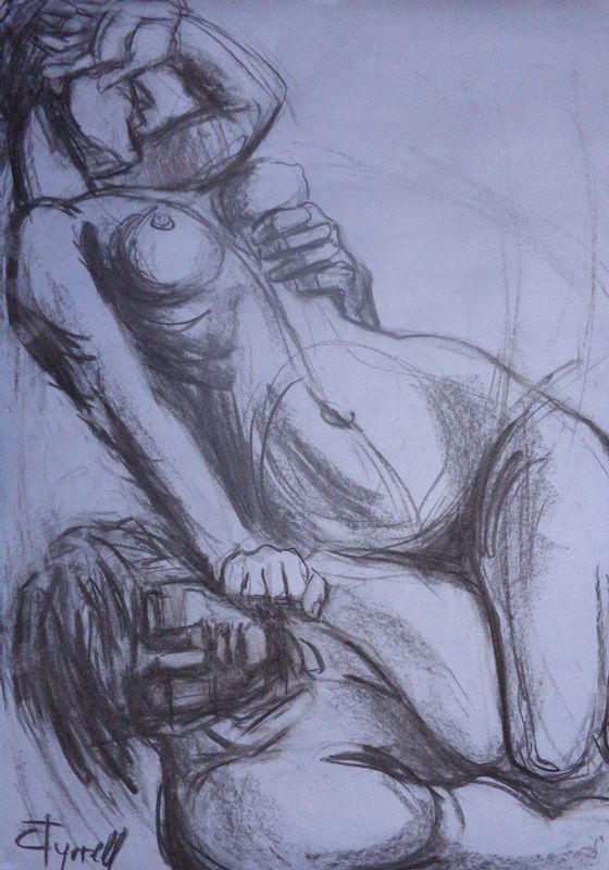Lovers - Rescue.jpg :: Original contemporary figurative charcoal drawing on light blue paper, unframed. For this drawing I was inspired by a classical sculpture on the subject  \