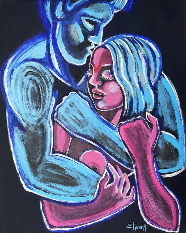 Lovers - Strong Bond.jpg :: Original expressionist figurative painting on black paper, unframed. Emotional and suggestive image of tightly embraced lovers, man and woman, showing their strong bond.  Energetic use of red, rose, purple and blue acrylic paints. Size 56 cm x 70 cm (22\