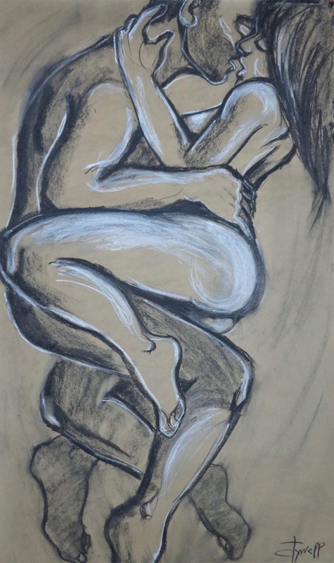 Lovers - Strong Desire.jpg :: Original figurative charcoal and pastel drawing on large brown paper, unframed. Erotic, sensual and powerful image of an embraced man and woman in love. Size 70 cm x 120 cm (27.5\