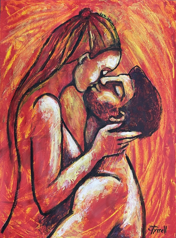 Lovers - Sunshine.jpg :: Original acrylics painting on  paper, unframed. Uplifting image of a happy couple, man and woman, enjoying the sunshine. Spontaneous style of work using orange and yellow. Size 60 cm x 80 cm (23.5\