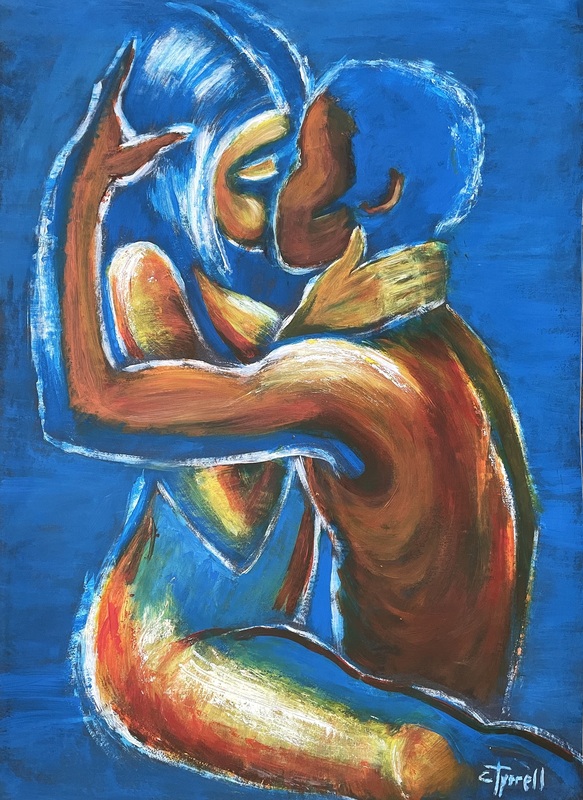 Lovers - Sweet Kiss.jpg :: Original figurative painting on black paper, unframed. Sensual image of kissing embraced lovers, man and woman. Use of blue, red and yellow acrylic colours. Size 80 cm x 60 cm (31.5\