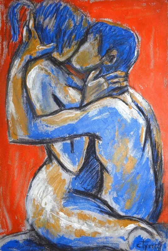 Lovers - Sweet Sixteen.jpg :: Original contemporary figurative acrylics painting on grey textured paper, unframed. Fresh and colourful painting made using blue, orange and yellow acrylics applied by palette knife. Romantic image of an embraced couple in love.
Size 21\