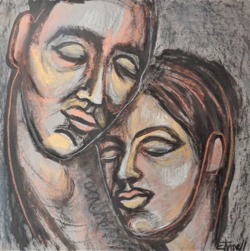 Lovers - The Portrait Of Love 2.jpg :: Original figurative mixed media painting on grey paper, unframed. Made using black acrylic, Sennelier copper and gold oil pastel and chalk. Size 49 cm x 49 cm (19.25\