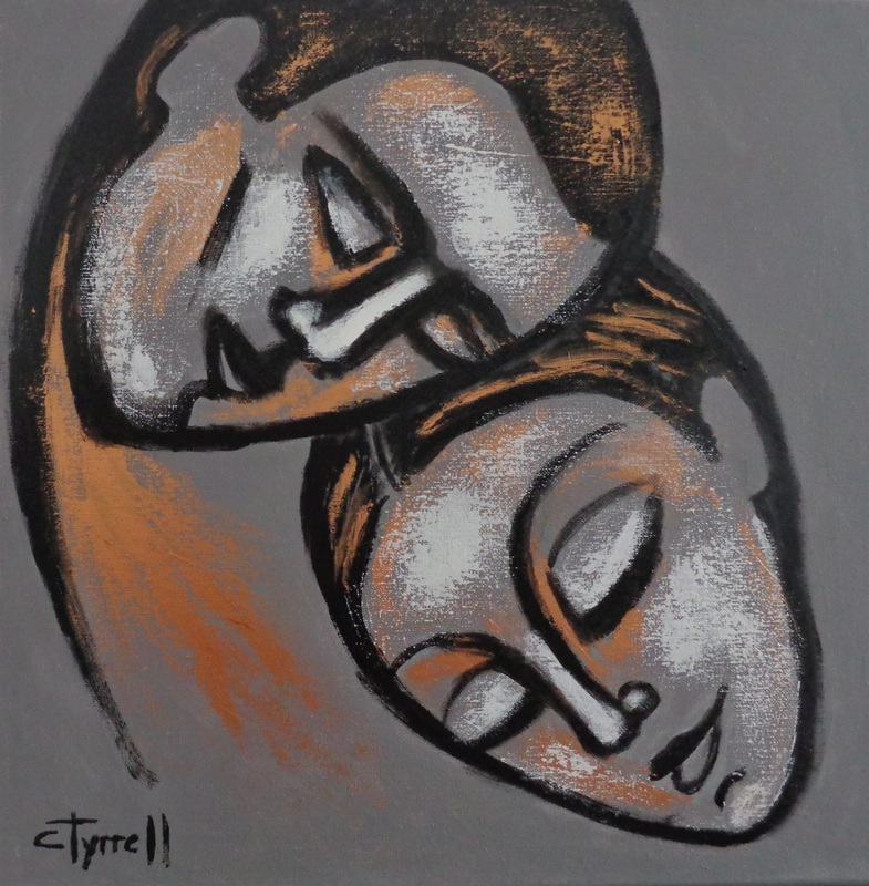 Lovers - The Portrait Of Love 5.jpg :: Original contemporary figurative painting on square canvas, painted edges and ready to hang. Part of the series, showing emotional portrait of couples sharing their love and comfort. Made using grey, black, white and iridescent copper acrylics. Size 50 cm x 50 cm x 1.5 cm (20\