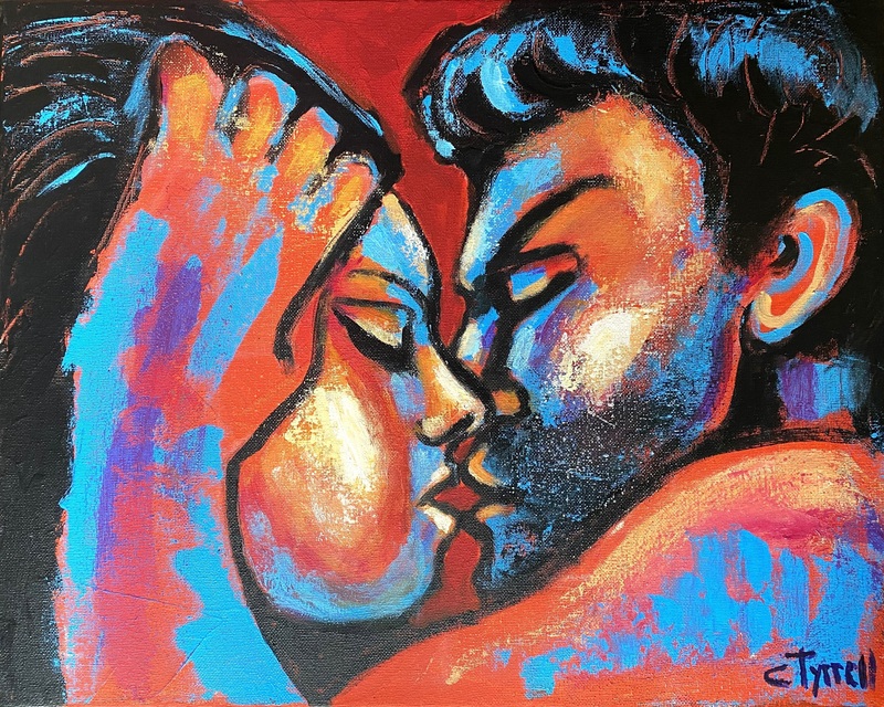 Lovers - Valentines Kiss 1.jpg :: Original figurative painting on canvas, painted edges and ready to hang. Valentine's Kiss is a new series of portraits of romantic and emotional couples in love, man and woman, sharing their love. Colourful and textured painting made using bright acrylics as red, blue, yellow and orange. Size 50 cm x 40 cm x 1.5 cm (20\