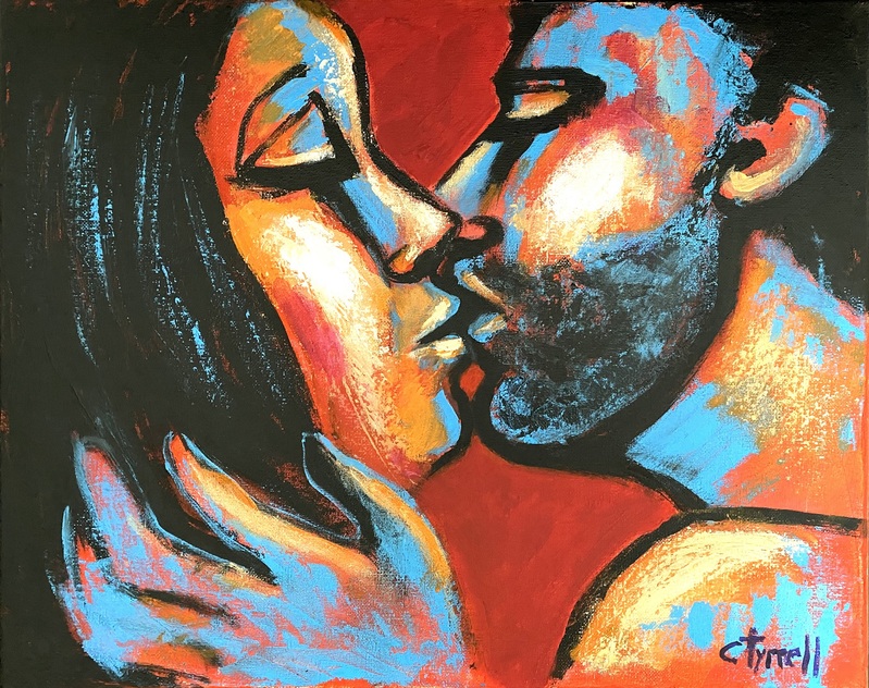 Lovers - Valentines Kiss 2.jpg :: Original figurative painting on canvas, painted edges and ready to hang. Valentine's Kiss is a new series of portraits of romantic and emotional couples in love, man and woman, sharing their love. Colourful and textured painting made using bright acrylics as red, blue, yellow and orange. Size 50 cm x 40 cm x 1.5 cm (20\