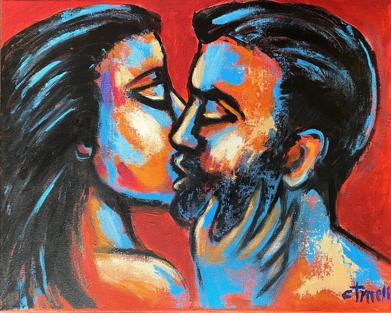Lovers - Valentines Kiss 3.jpg :: Original figurative painting on canvas, painted edges and ready to hang. Valentine's Kiss is a new series of portraits of romantic and emotional couples in love, man and woman, sharing their love. Colourful and textured painting made using bright acrylics as red, blue, yellow and orange. Size 50 cm x 40 cm x 1.5 cm (20\