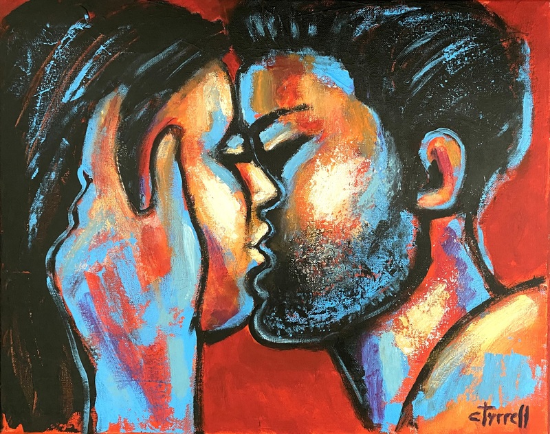 Lovers - Valentines Kiss 4.jpg :: Original figurative painting on canvas, painted edges and ready to hang. Valentine's Kiss is a new series of portraits of romantic and emotional couples in love, man and woman, sharing their love. Colourful and textured painting made using bright acrylics as red, blue, yellow and orange. Size 50 cm x 40 cm x 1.5 cm (20\