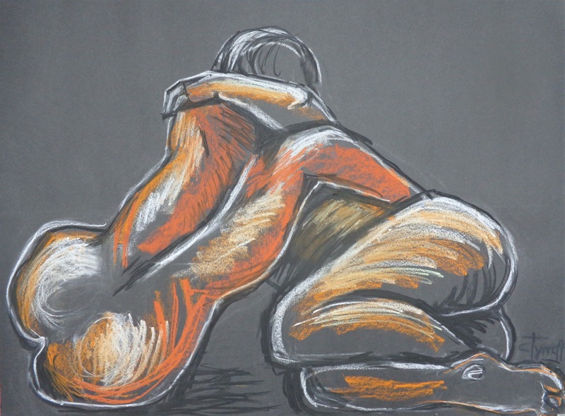 Lovers - You And Me.jpg :: Original contemporary figurative pastels drawing on black paper, unframed. Made using charcoal, orange, yellow and white pastels. Quality spray used to secure the drawing. A semi-abstract sensual image of a lying down and embracing nude couple in love. Size 60 cm x 80 cm (23.5\