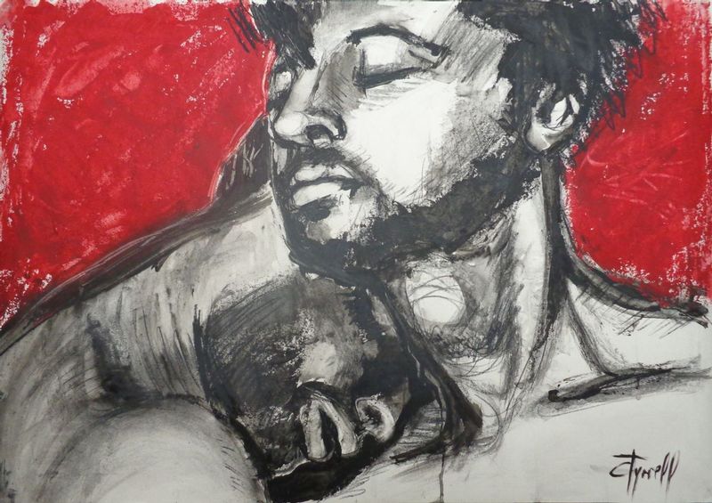 Lovers _ Emotional Men.jpg :: Original figurative contemporary painting on paper, unframed. Made using charcoal and red and black acrylics. I produce art inspired by love and emotions. This painting is again another work where I strove to transmit the viewer the strong feeling of love. Paper size 80 cm x 56 cm (31.5 \