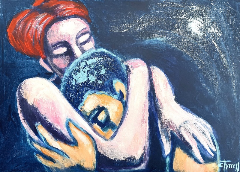 Lovers-Forgive Me.jpg :: Original figurative painting on canvas, painted edges and ready to hang.The core of the scene is the emotional exchange between the man and the woman. The man's plea for forgiveness is the focal point, embraced with love by the woman  who forgives him. The scene develops by night, the blue colour palette potentially enhancing the emotional weight of the scene. Size 59 cm x 42 cm x 1.5 cm (23\
