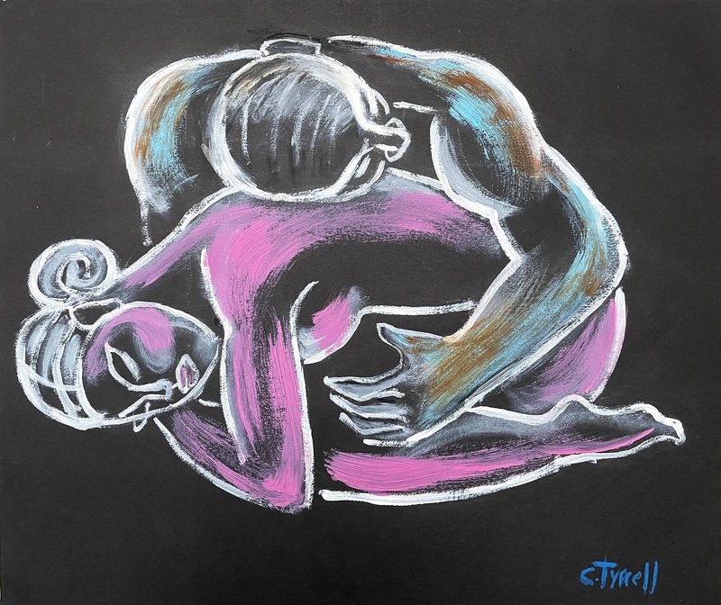 Lovers-I Love You More Than Anything.jpg :: Original figurative painting on black cartridge, unframed. Sensual and emotional image of a man embracing a woman in his protective arms. Use of pink, blue and sepia acrylic colours. Size 60 cm x 50 cm (24\
