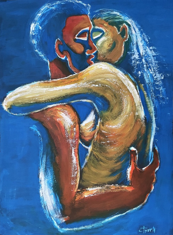 Lovers-Sensual Embrace.jpg :: Original figurative painting on black paper, unframed. Sensual image of kissing embraced lovers, man and woman. Use of blue, red and yellow acrylic colours. Size 80 cm x 60 cm (31.5\