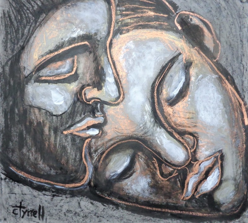 Lovers-The Portrait Of Love 1.jpg :: Original figurative mixed media painting on grey paper, unframed. Made using black and white acrylics, copper and gold Sennnelier oil pastels and chalk. Size 49 cm x 49 cm (19.25\