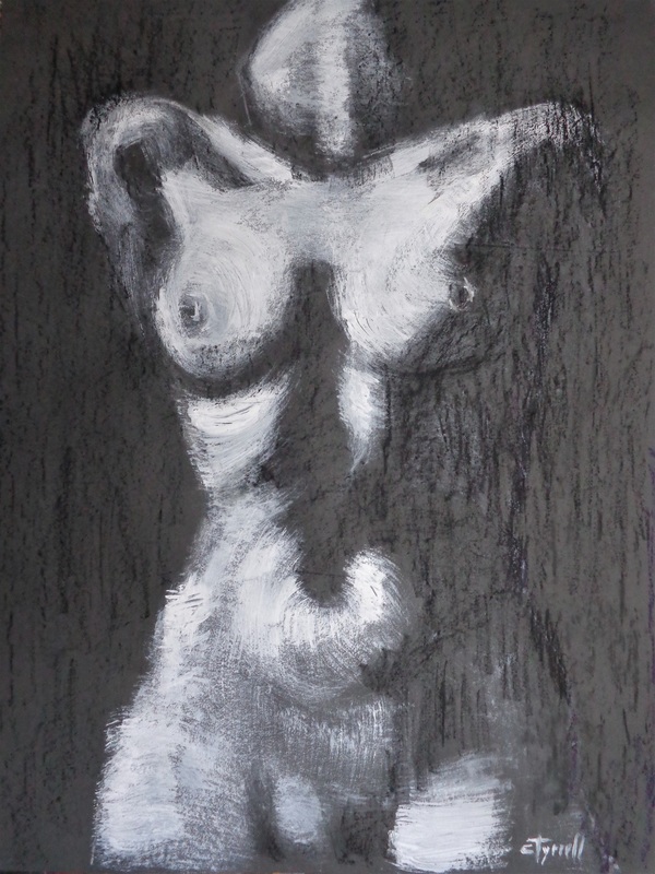 Majestic Nude Figure.jpg :: Original figurative monochrome white acrylic on black paper, unframed. Impressive image of female nude torso. Spontaneous painting made using a large DIY brush and white acrylic. Texture created with black oil pastel. Size 60 cm x 80 cm (23.5\