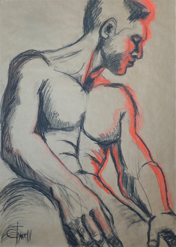 Man In Warm Light 1.jpg :: Original contemporary figurative drawing on toned paper, unframed. Seated man figure study using charcoal and red pastel. Size 69 cm x 100 cm (27\