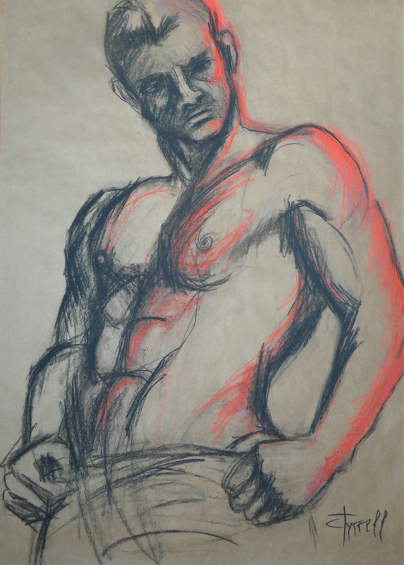 Man In warm Light 2.jpg :: Original contemporary figurative drawing on toned paper, unframed. Standing up frontal man figure study using charcoal and red pastel. Size 69 cm x 100 cm (27\