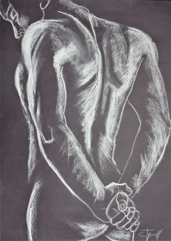 Man Nude Figure 1.jpg :: Original white pastel drawing on black paper. Starting a new series of drawings as a tribute to the harmoniously proportioned male figures. Image of a strong and graceful man back. Size 59 cm x 84 cm ( 23.5\