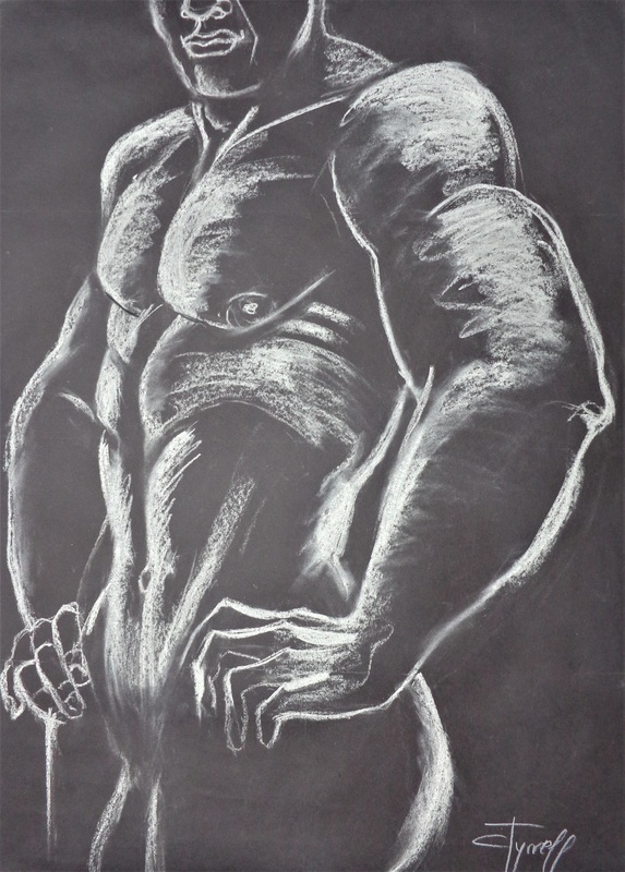 Man Nude Figure 2.jpg :: Original white pastel drawing on black paper. Part of a new series of drawings as a tribute to the harmoniously proportioned male figures. Frontal image of a majestic strong man. Size 59 cm x 84 cm ( 23.5\