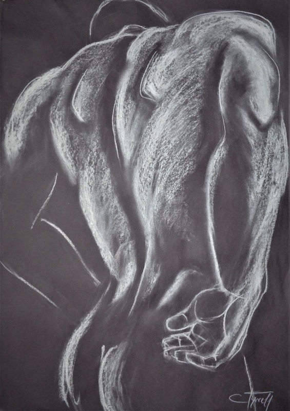 Man Nude Figure 3.jpg :: Original figurative white pastel drawing on black paper. Part of a new series of drawings as a tribute to the harmoniously proportioned male figures. Image of a man turning his back. Size 58 cm x 82 cm ( 23\
