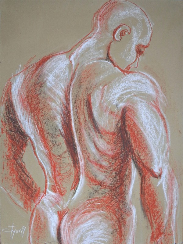 Man Nude Figure 4.jpg :: Original figurative pastels drawing on brown paper. Use of red, white and black oil pastels. Part of a new series of drawings as a tribute to the harmoniously proportioned male figures. Rear image of an athletic man. Size 59 cm x 79 cm ( 23\
